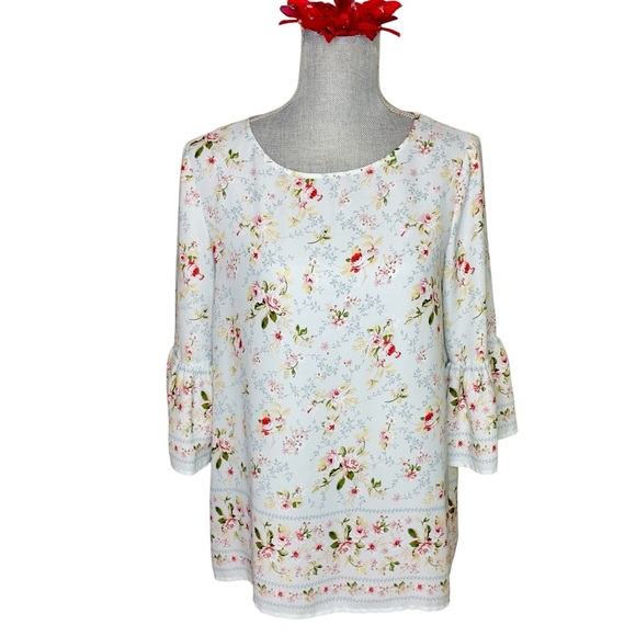 Max Studio Blouse Womens Size S Blue Floral 3/4 Bell Sleeves Lightweight Sheer - Picture 1 of 11